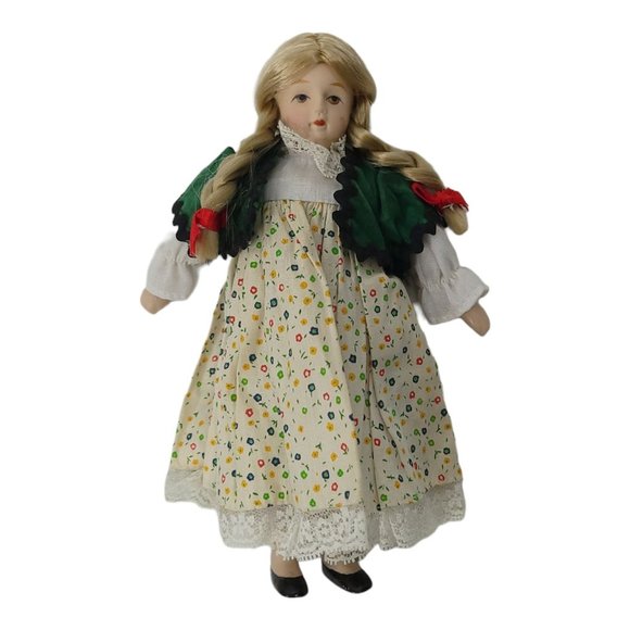 Vintage Porcelain Dolls 7 3/4" Alpine Floral Dress Holiday Eyelet Holly Berries - Picture 9 of 12